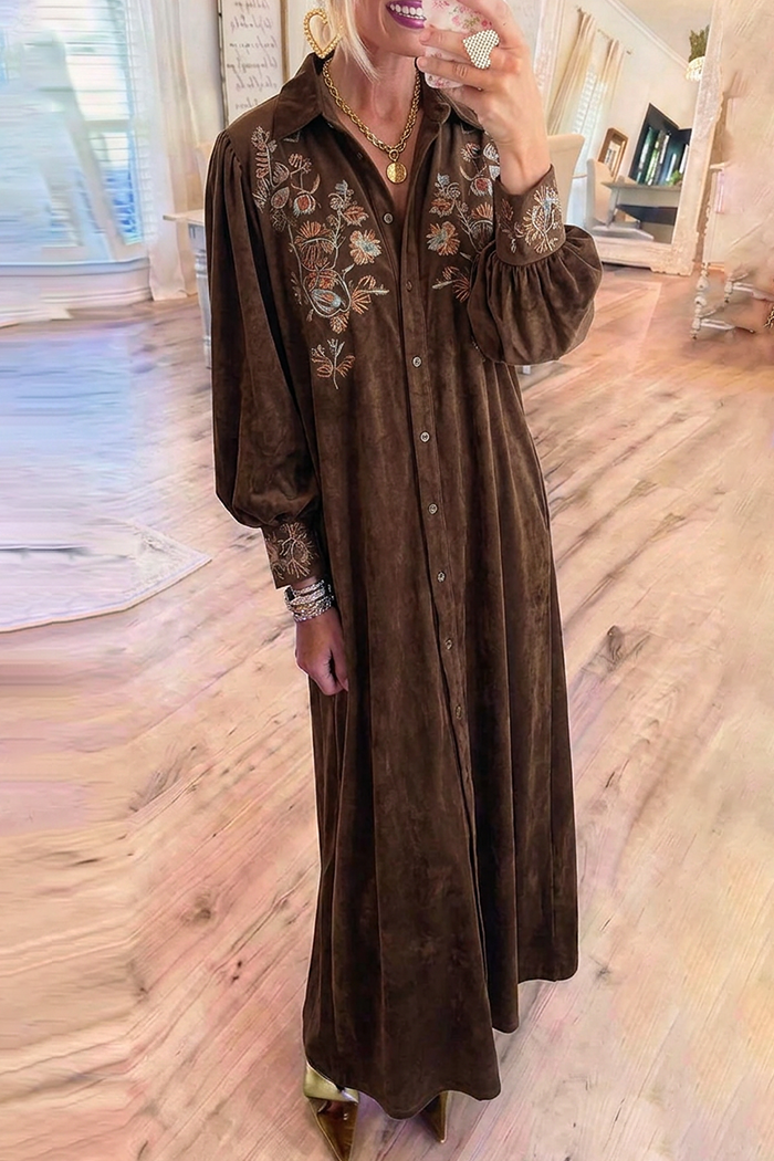 Brown Velvet Button Puff Sleeve Floral Maxi Dress