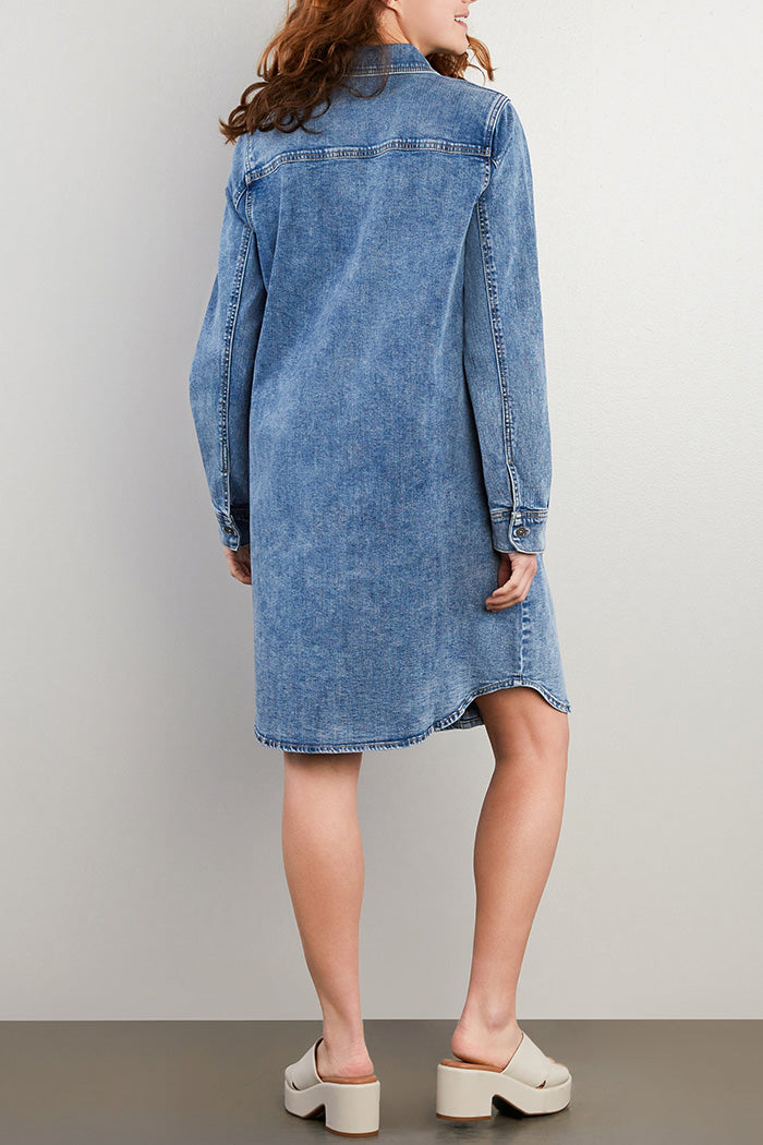 Button Front Pocketed Denim Shirtdress