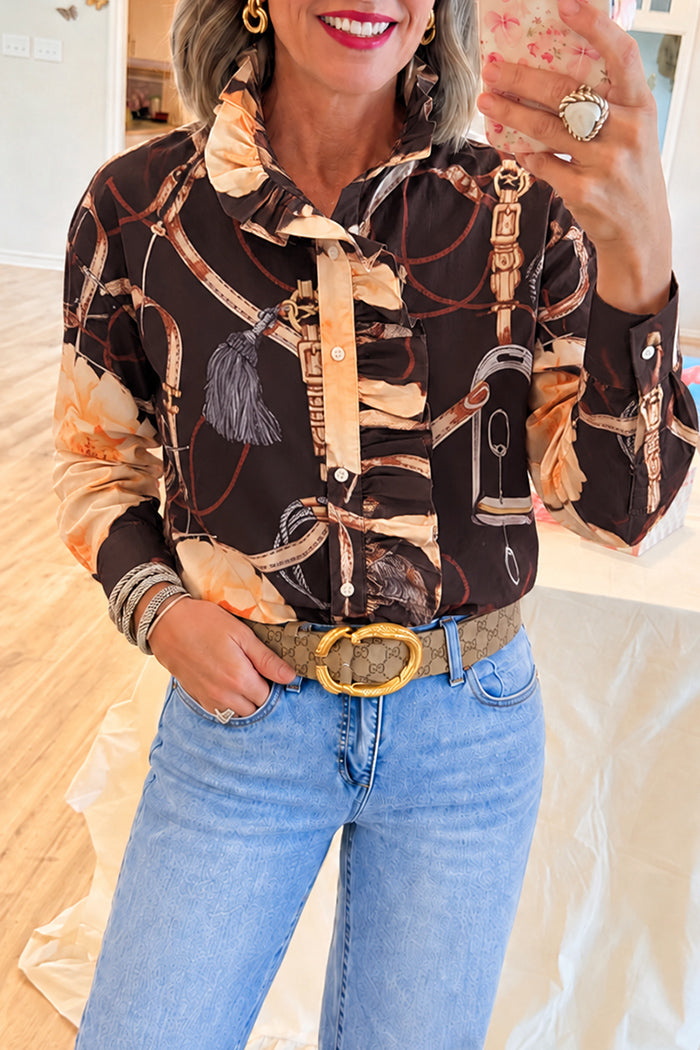 Brown Equestrian Ruffle Button Top