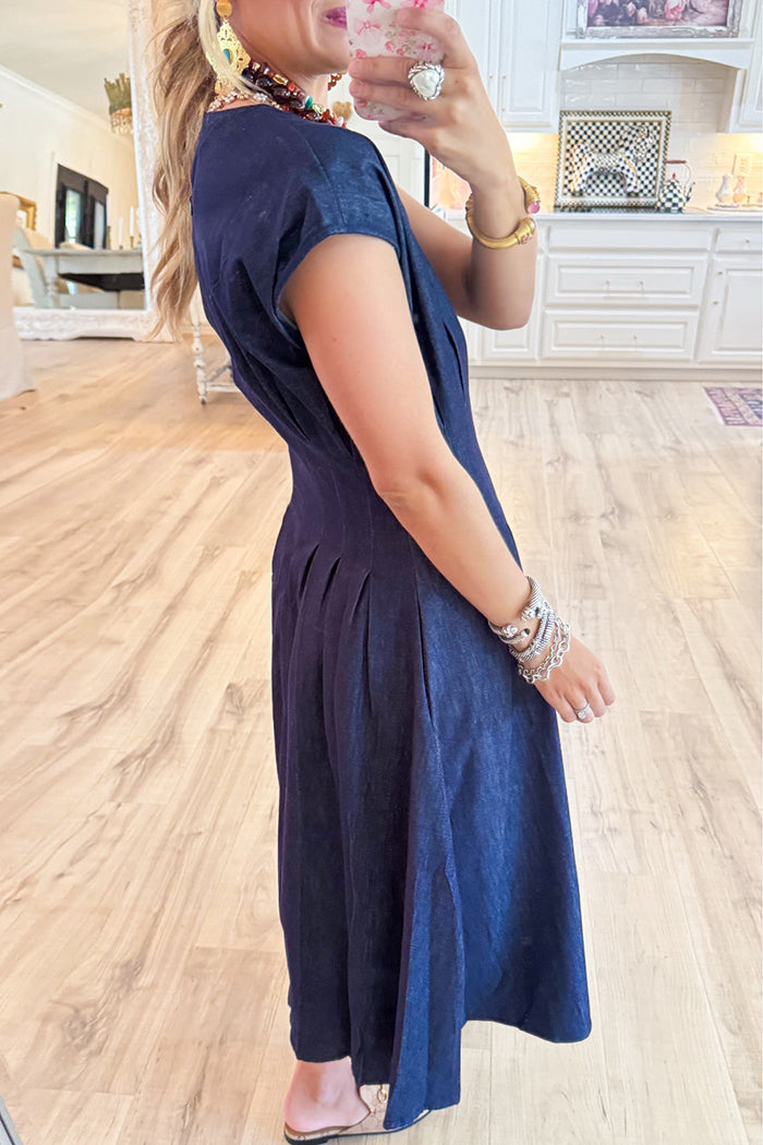 Denim Cap Sleeve Pleated Pocket Midi Dress