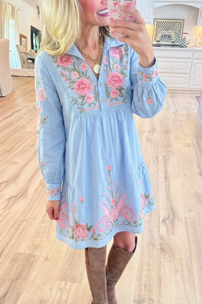 Casual Puff Sleeve Embroidered Dress