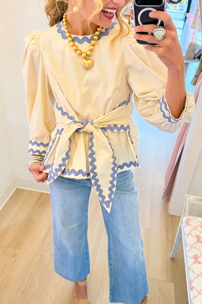 Ecru Blue Ric Rac Waist Tie Top