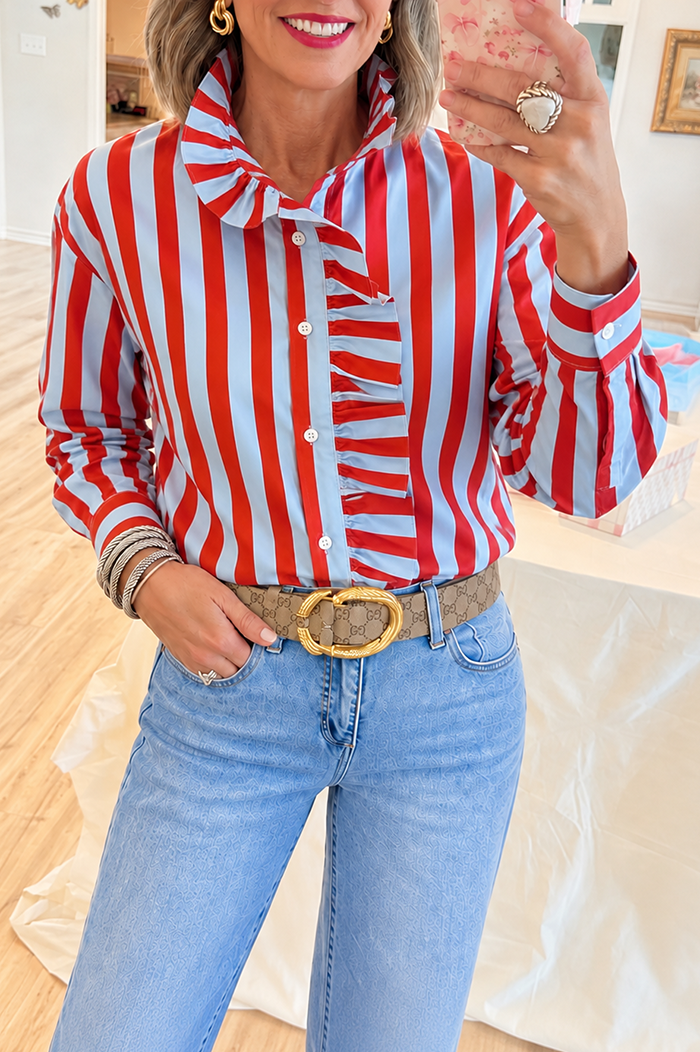 Casual Red And Blue Stripe Ruffle Shirt