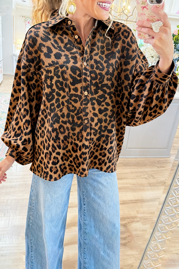 Leopard Lantern Sleeves Denim Top