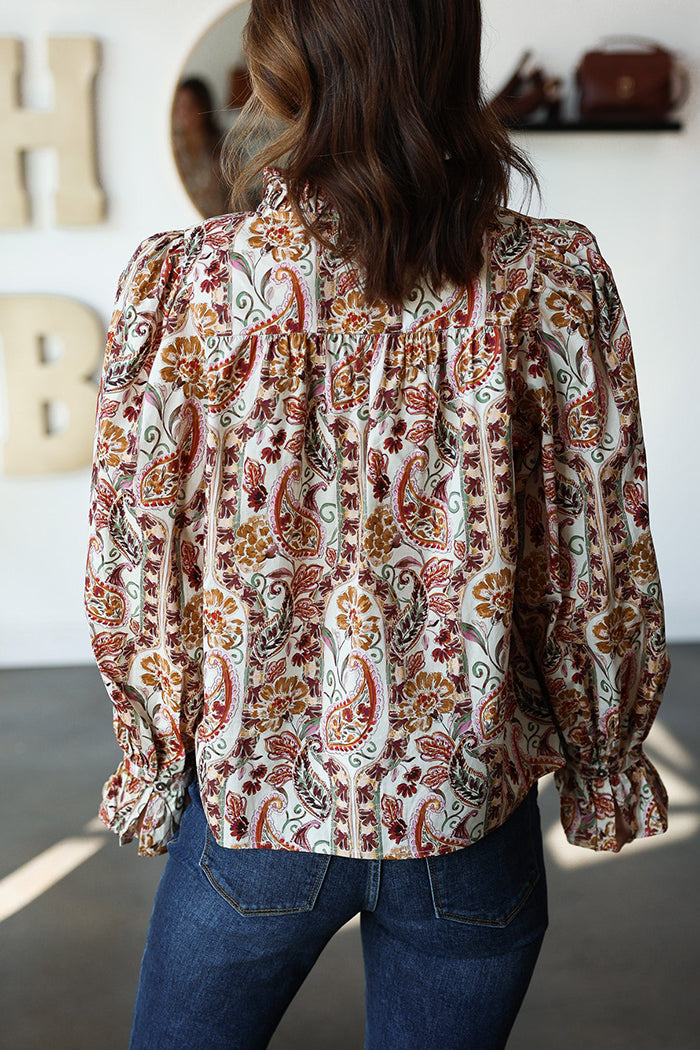 V-Neck Long Sleeve Paisley Top