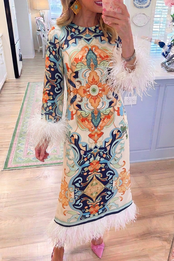 Baroque Print Round Neck Chest Pocket Feather Trim Dress