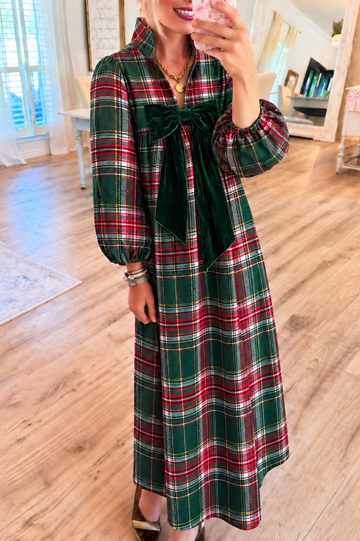 Green and Red Tartan Plaid Velvet Bow Pocket Maxi Dress