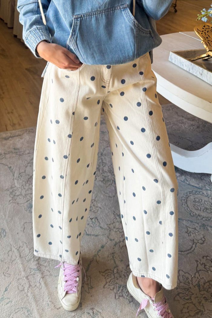Polka Dot Mid Rise Barrel Leg Jeans