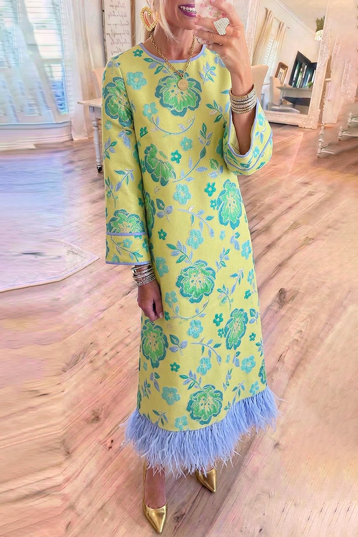 Floral Jacquard Round Neck Feather Hem Pockets Maxi Dress