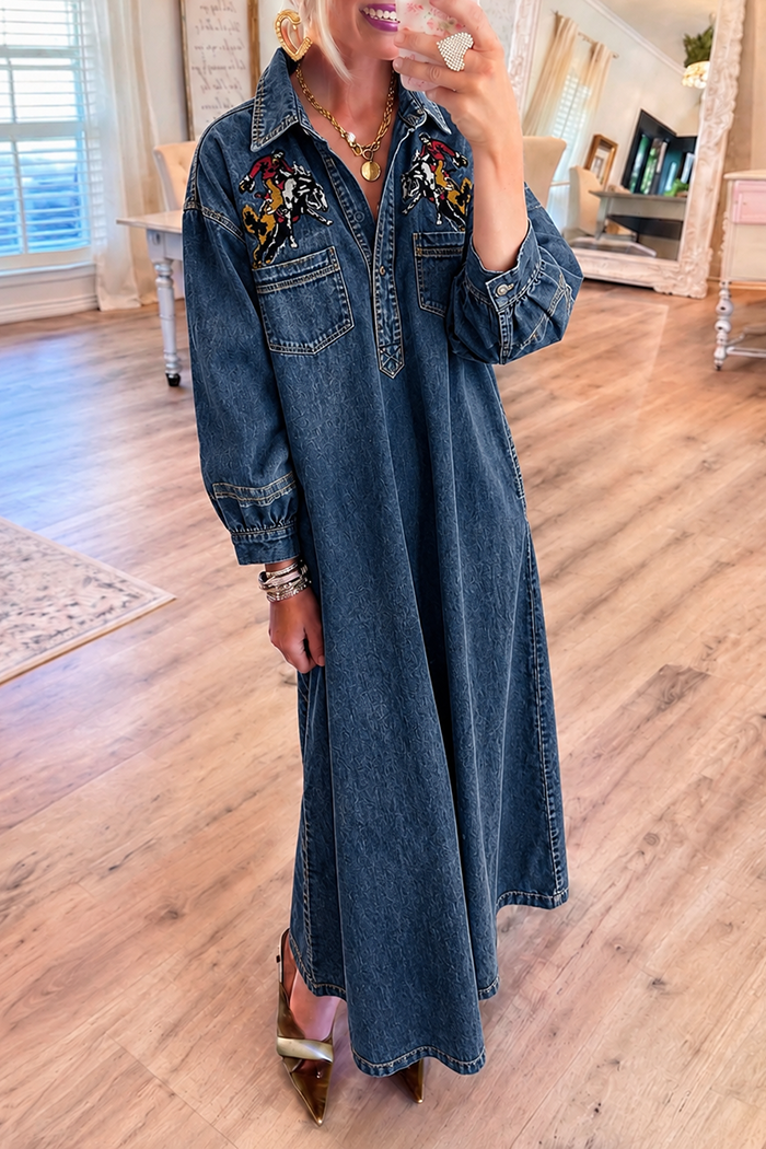 Blue Denim Cowboy Embroidery Pockets Maxi Dress