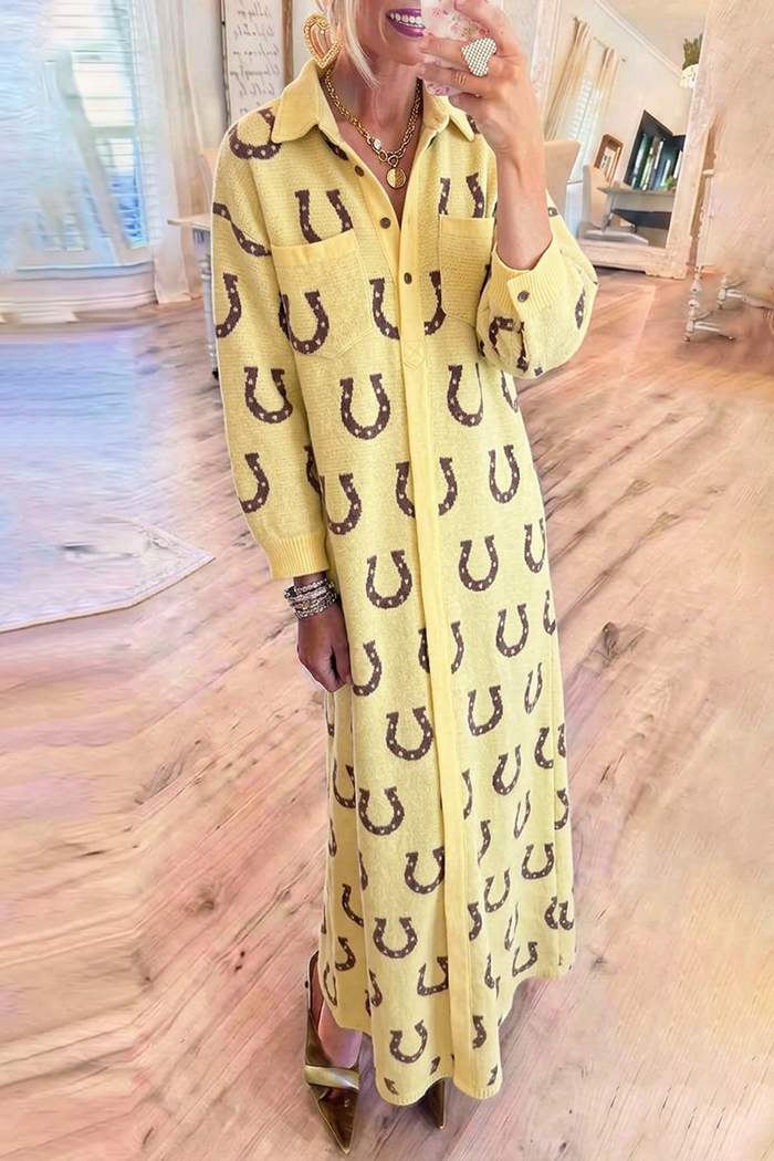 Horseshoe Motif Knit Collared Half Button Pockets Long Sleeve Maxi Dress