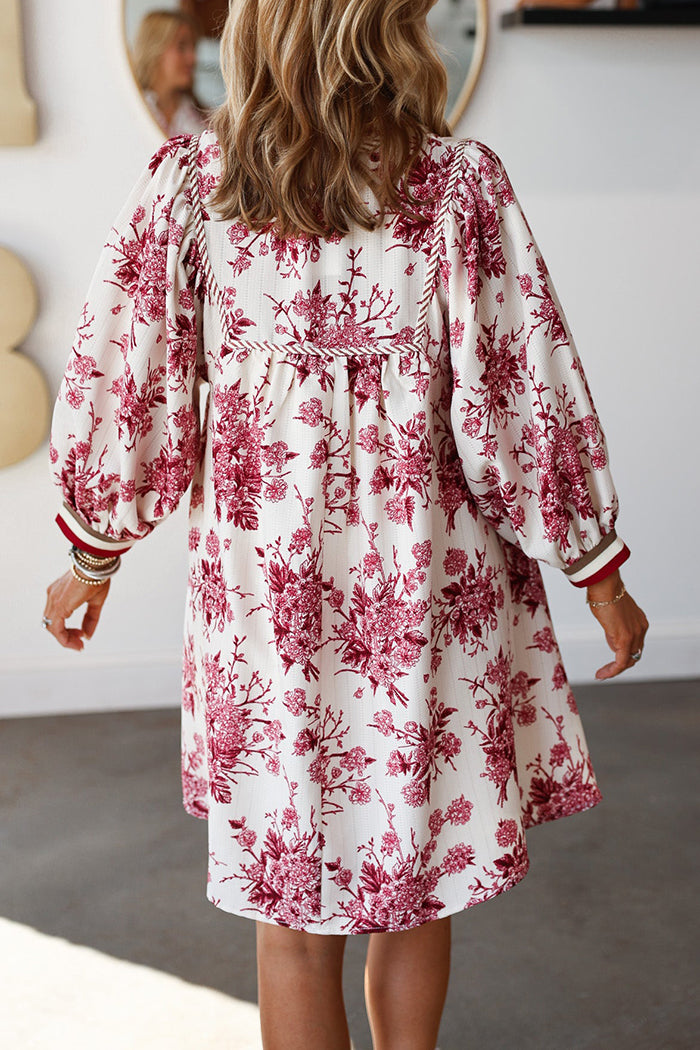 Floral Print Pocketed Tassel-Neck Dress