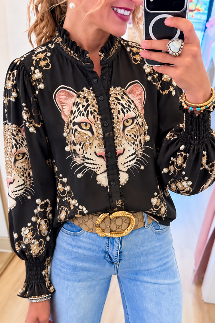 Black Leopard Print Ruffle Neck Top