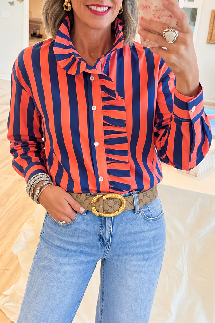 Orange Navy Stripe Ruffle Front Top