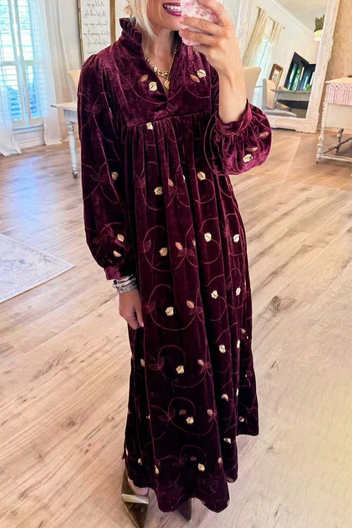Velvet Floral Embroidery Ruffle Stand Collar Balloon Sleeves Pockets Maxi Dress