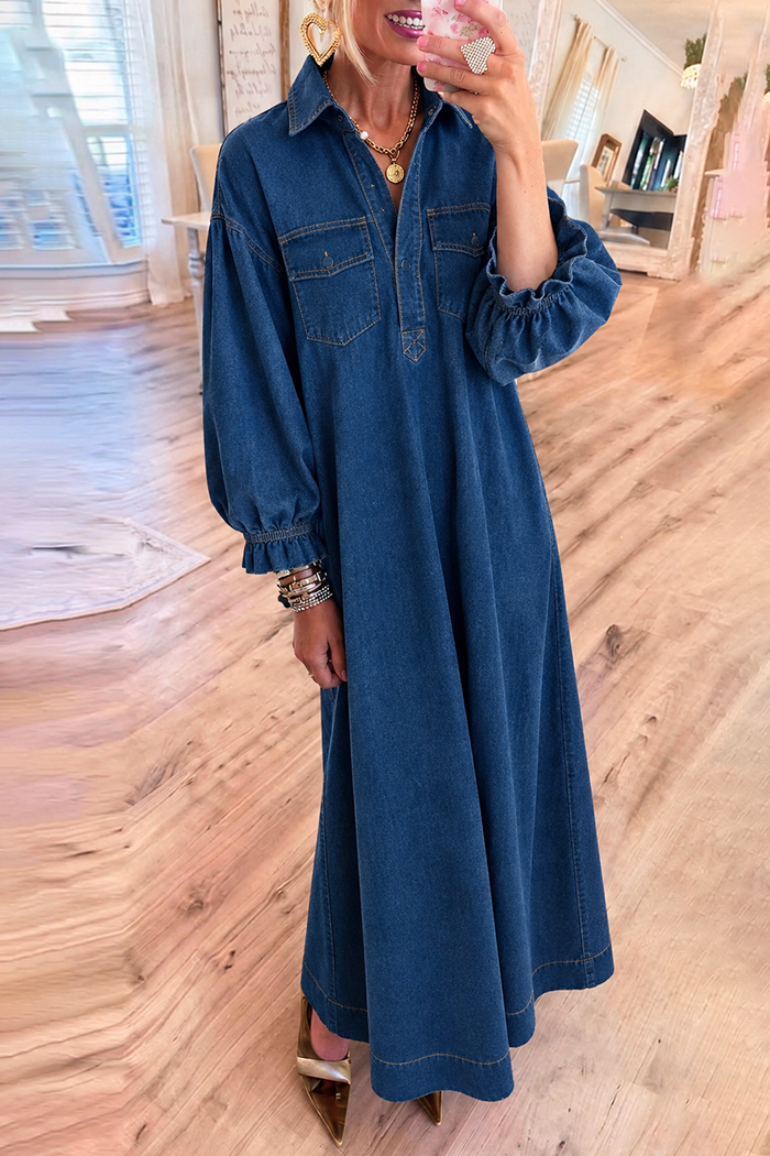 Denim Ruffle Cuff Pockets Maxi Dress