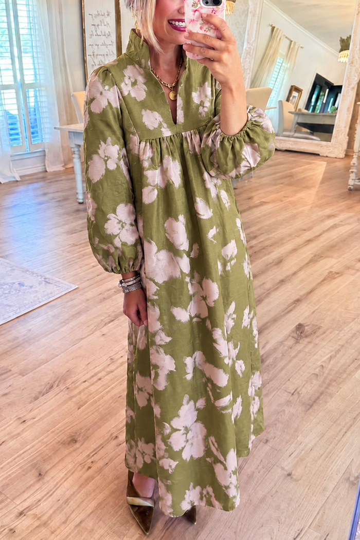 Stand Collar Floral Pocket Maxi Dress