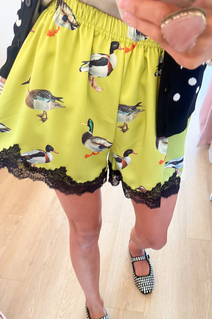 Mallard Duck Print Elastic Waist Lace Trim Shorts