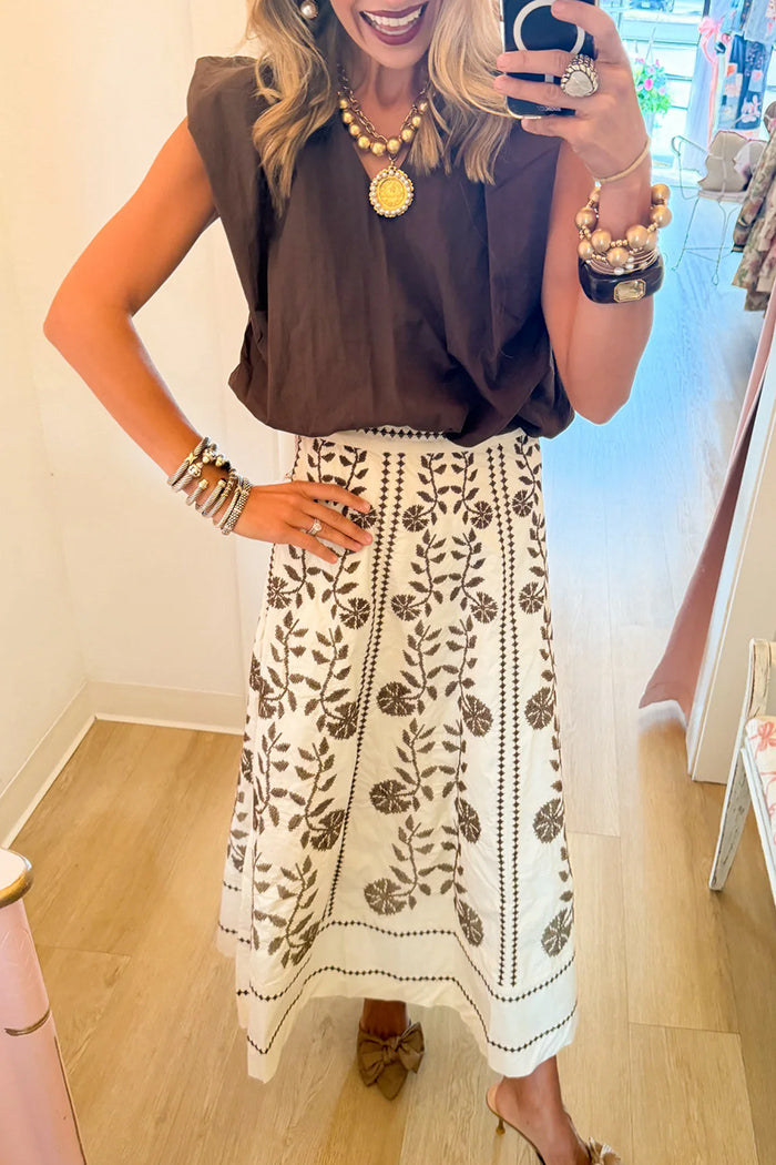 Cream Floral Embroidered Maxi Skirt