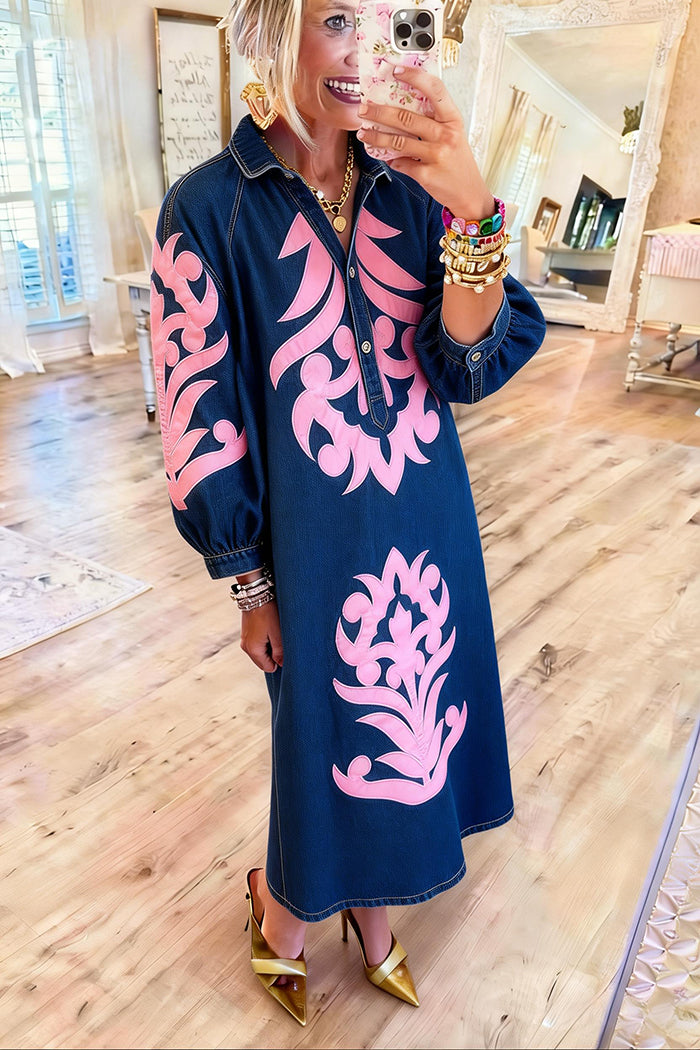 Embroidered Denim Button Front Dress