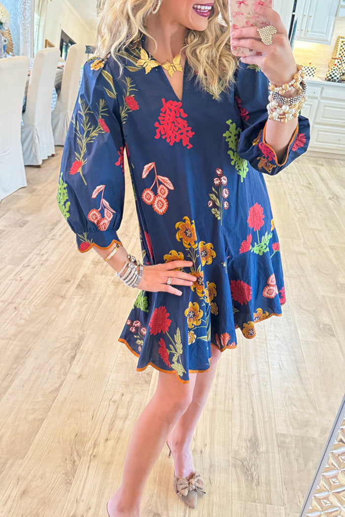 Navy Floral Puff Sleeve Pocket Dress