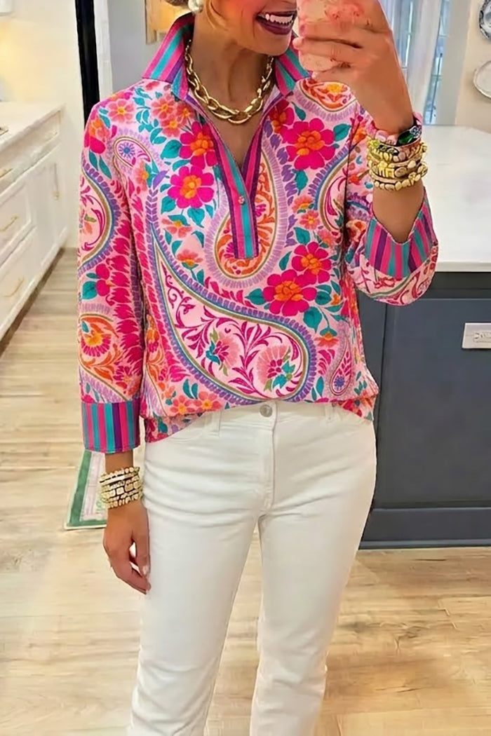 Paisley Floral Half Placket Cuffed Top