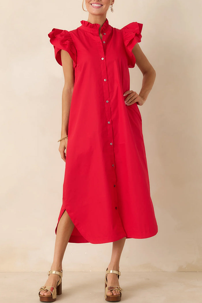 Ruffle Button-Front Pocket Midi Dress