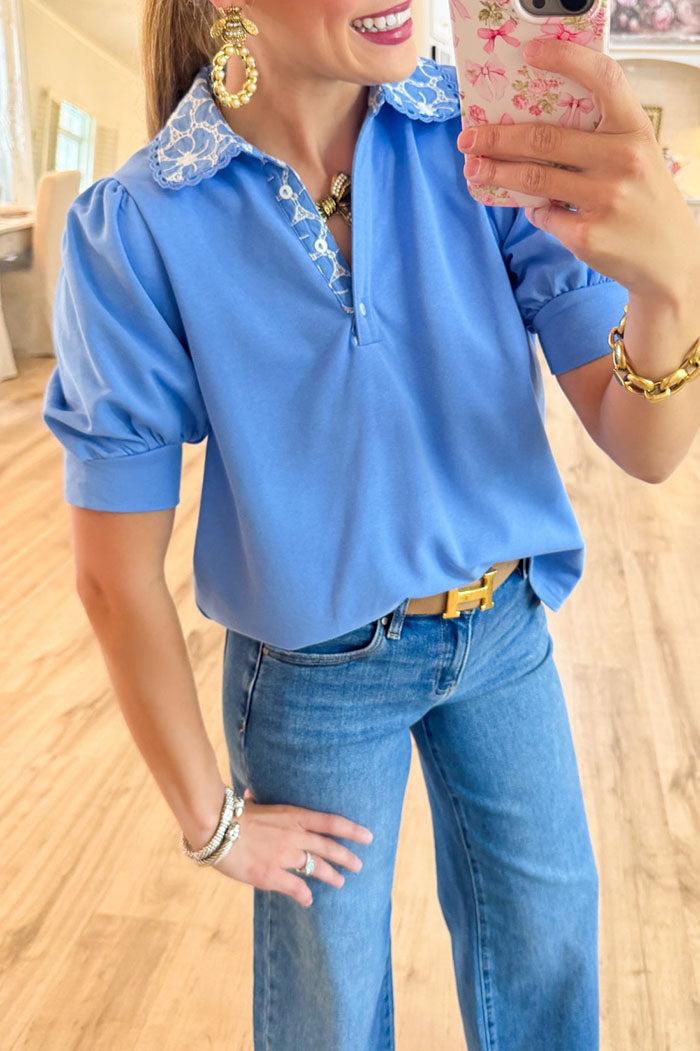 Puff Sleeve Embroidered Collar Top