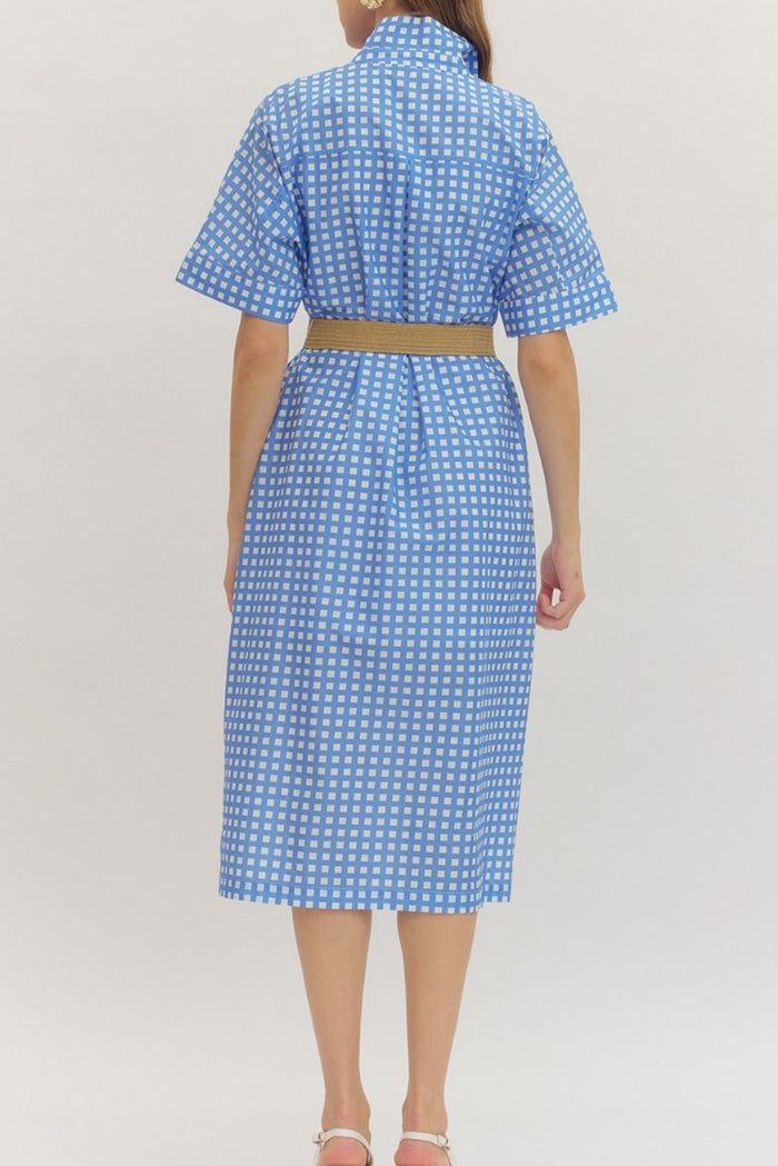 Check Print Short Sleeve Pocket Midi Dress