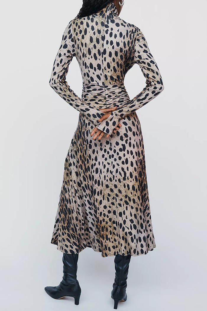 Long Sleeve Ruched Leopard Print Maxi Dress