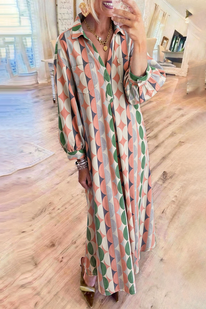 Retro Geometric Print Collar Half Placket Contrast Cuff Pockets Maxi Dress