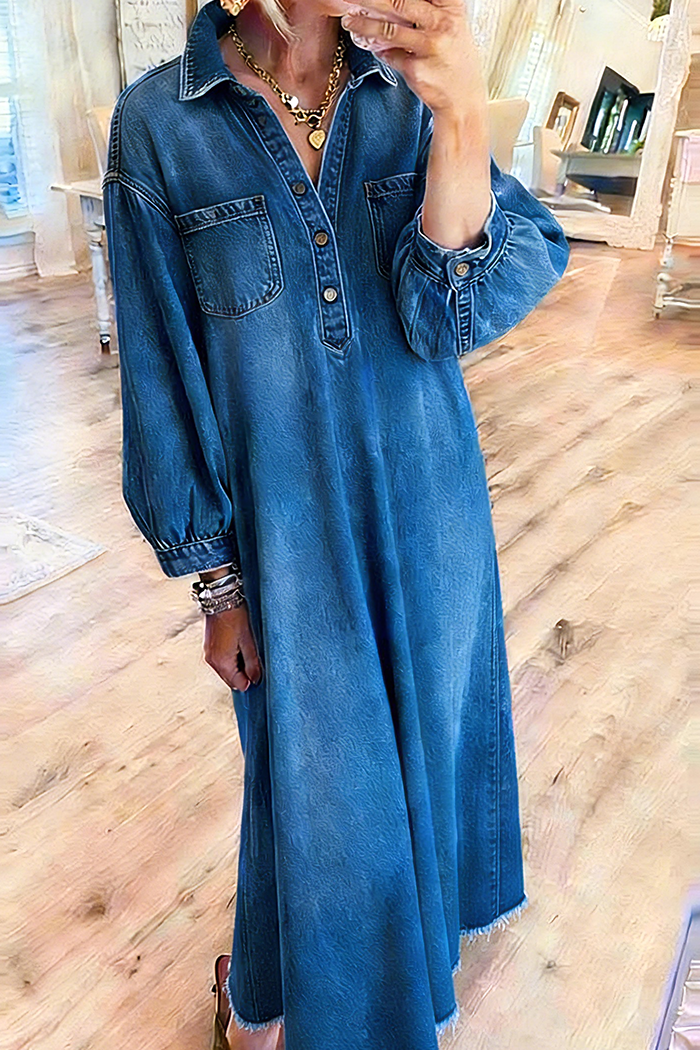 Pocketed Collared Half Placket Denim Maxi Dress