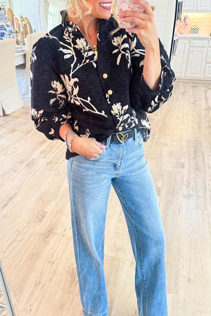 Floral Ruffle Neckline Button Top