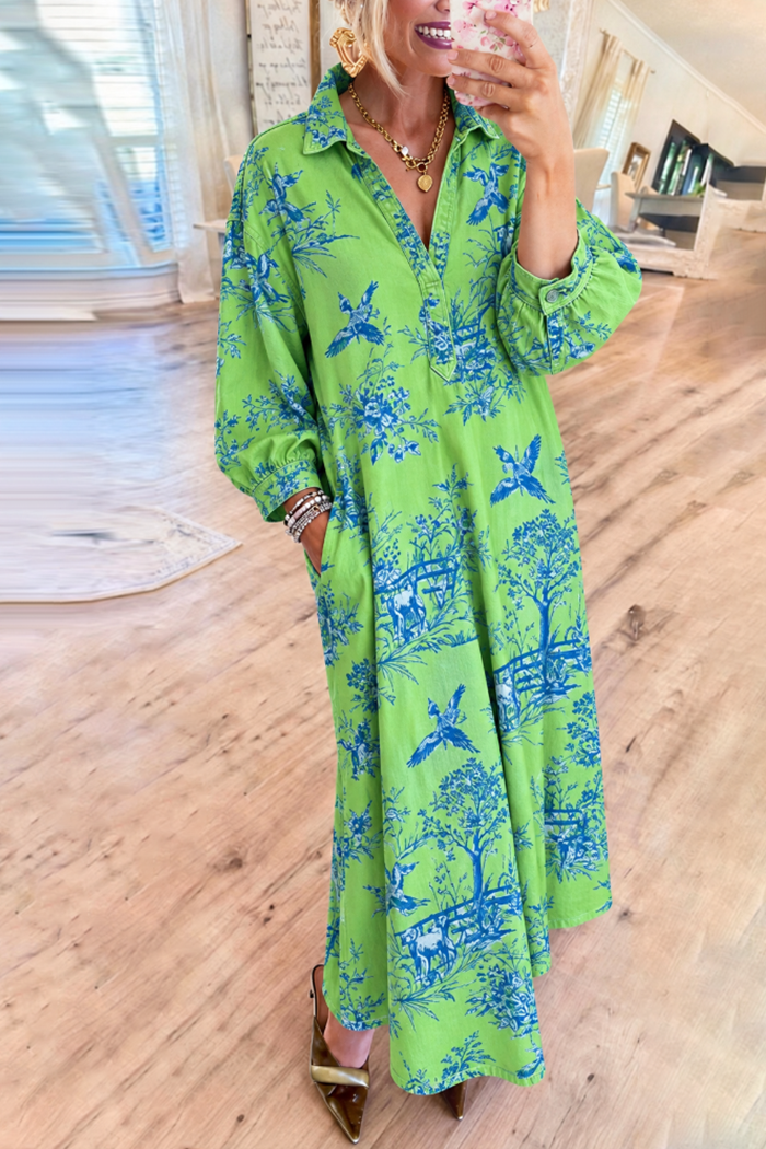 Green Landscape Print Collared Half Button Pocket Maxi Dress