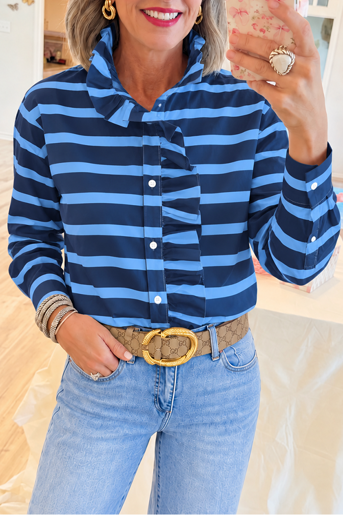 Navy Blue Stripe Ruffle Front Top