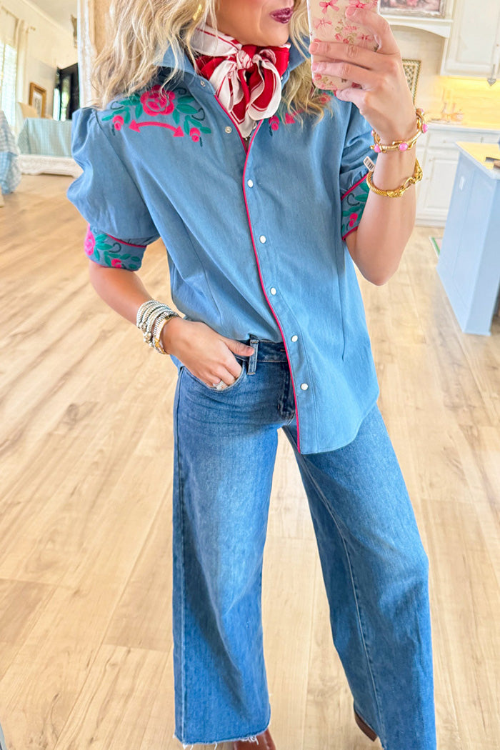Denim Embroidered Pearl Snap Short Sleeve Top