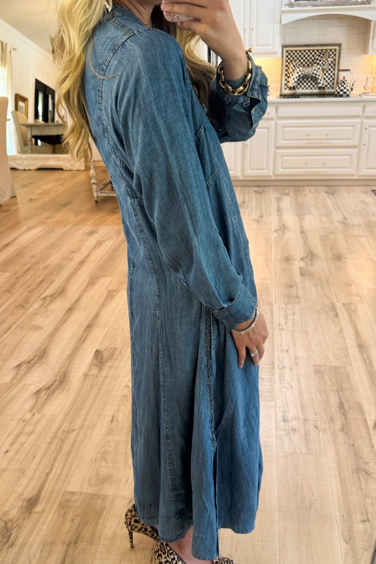 Denim Caftan Pockets Midi Dress