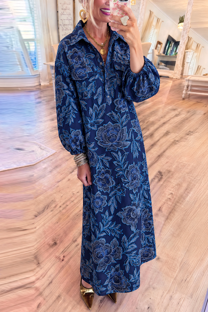 Navy Floral Jacquard Pocket Puff Sleeve Maxi Dress