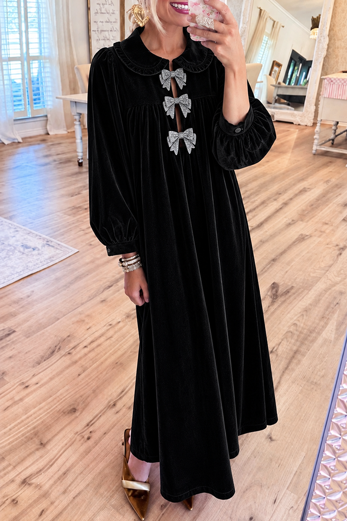 Black Velvet Ruffle Collar Rhinestone Bow Maxi Dress
