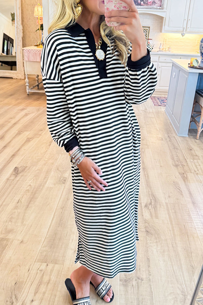 Striped Knit Pocket Long Dress