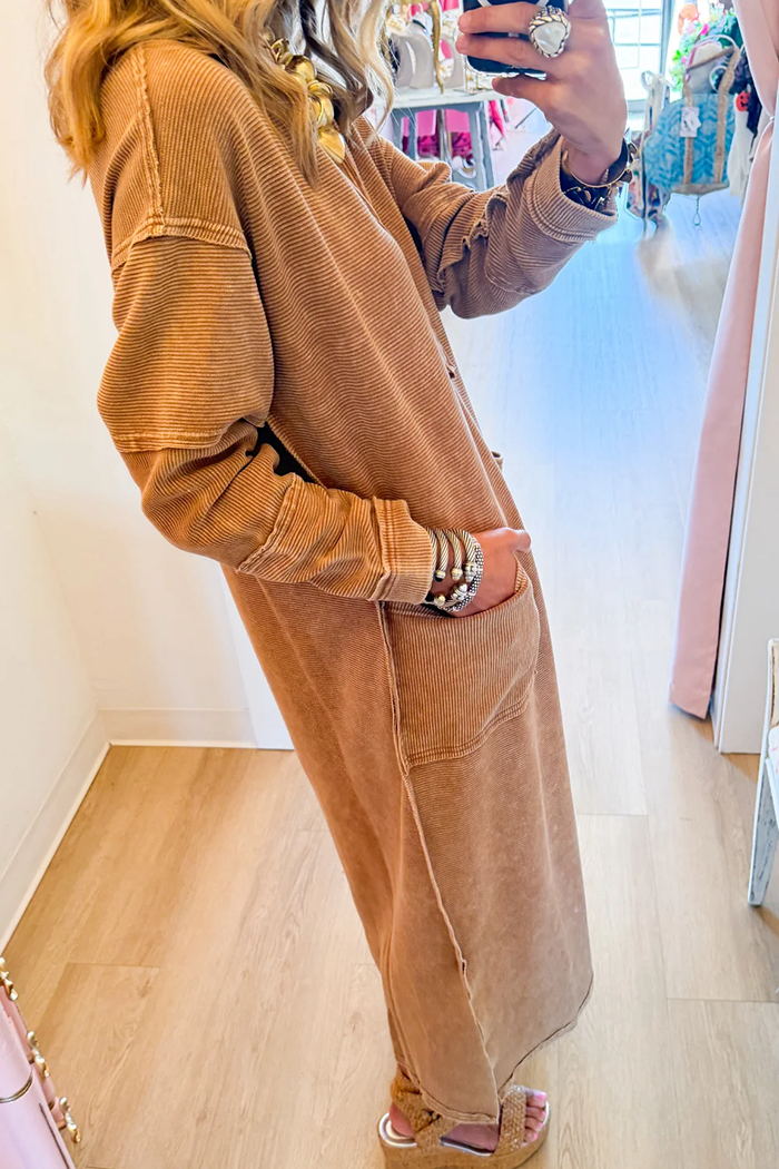 Ribbed Knit Collar Pocket Maxi Dress