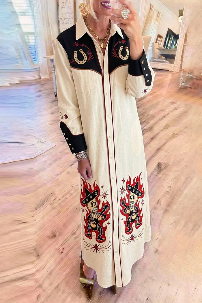 Cream Black Color Block Western Skull Flame Maxi Dress