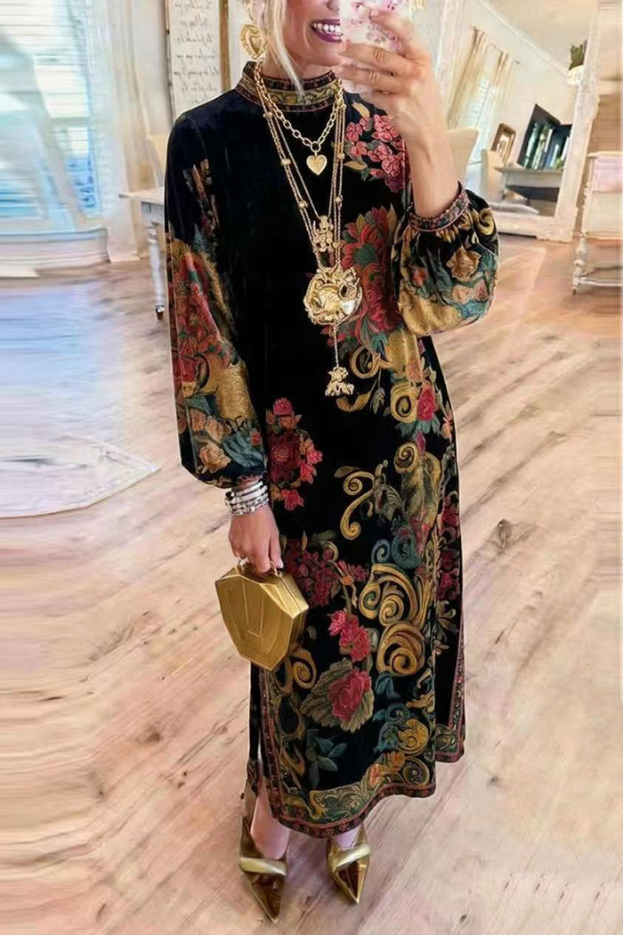Vintage Floral Scroll Pattern Velvet Maxi Dress