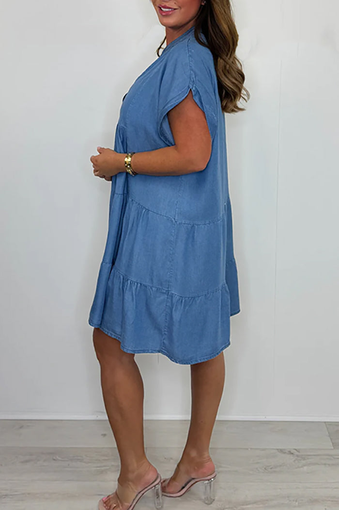 Denim Tiered Cap Sleeve Swing Dress