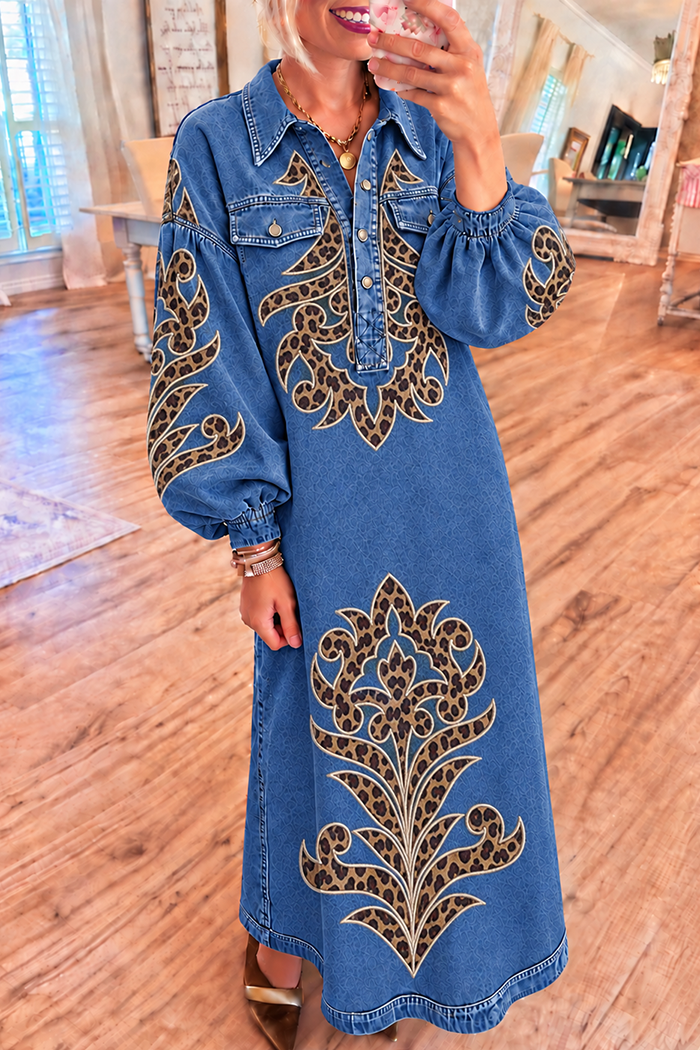 Denim Leopard Print Maxi Dress