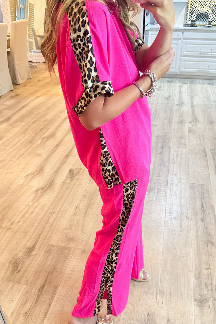 Leopard Trim Side Slits Pockets Set