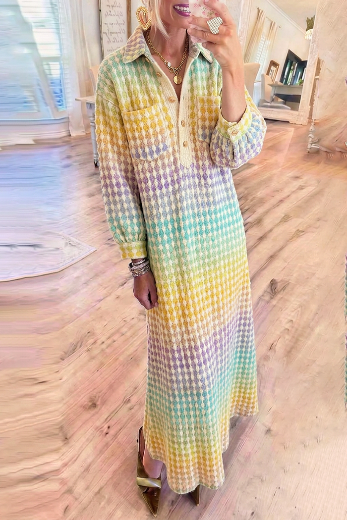 Pastel Multi Diamond Jacquard Collared Pockets Long Sleeve Maxi Sweater Dress