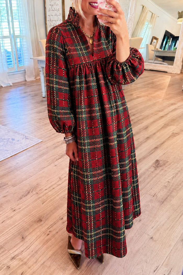 Knitted Stand Collar Red Plaid Dress