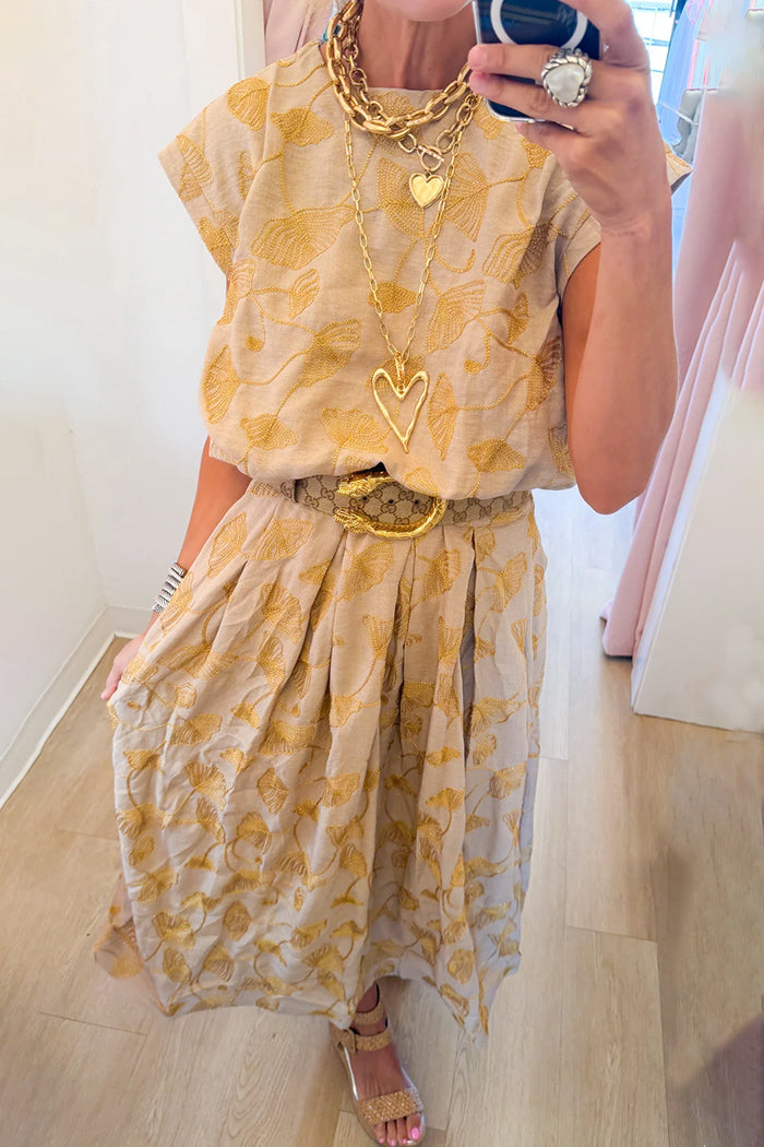 Beige Floral Embroidered Maxi Skirt