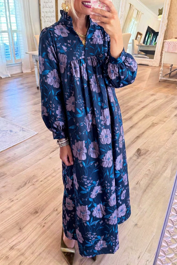 Ruffle Stand Neck Navy Purple Floral Jacquard Maxi Dress